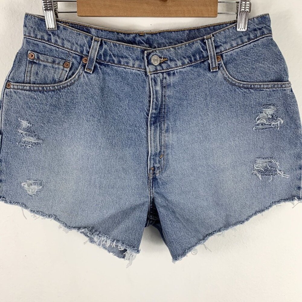 Vintage Levis Jean Shorts Sz 14 Distressed Cutoff Hi Waist Light Wash Denim 90s